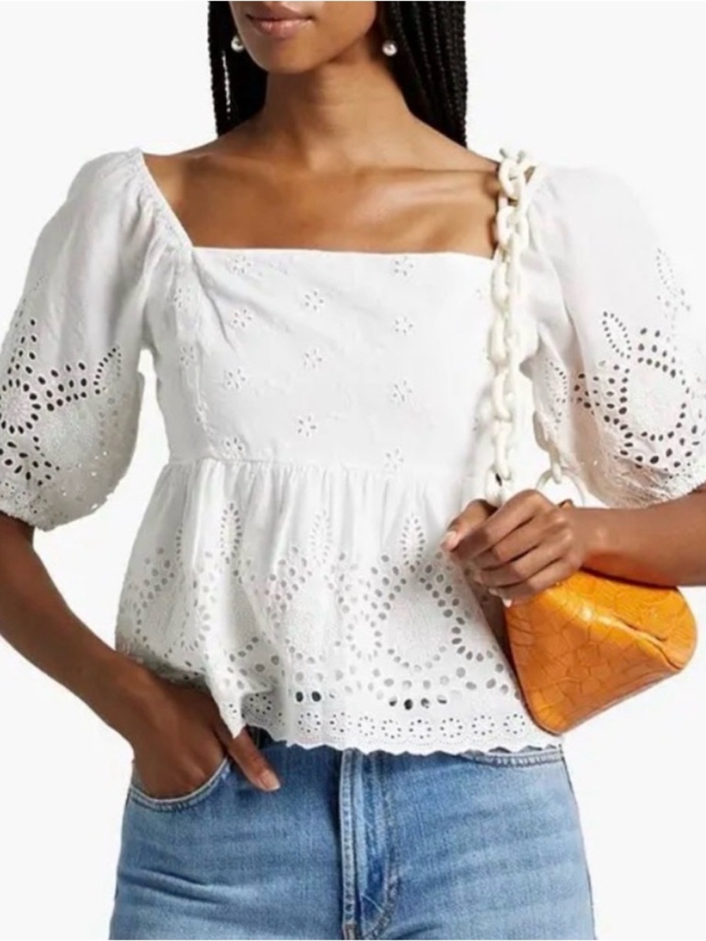 Walter Baker White Eyelet Square-Neck Peplum Top